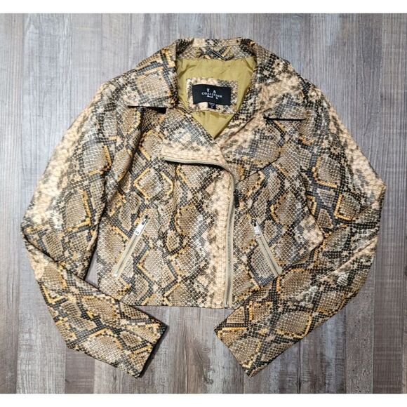 LA Coalition Jacket Womens Small Snakeskin Print Faux Leather Cropped Moto Zip - Picture 2 of 8